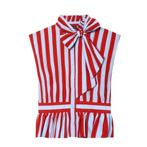 Zevity Nuova Camicetta Senza Maniche da Donna con Motivo a Righe e Abbinamento di Colori Vintage, Top Slim con Volant e Fiocco - Product Image 1