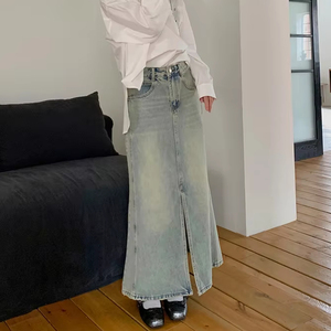 Jupe française à queue de poisson taille haute, robe rétro vintage pour femme âgée, pour le printemps, l'été, l'automne, l'hiver, décontractée, ample, en tissu denim - Product Image 1