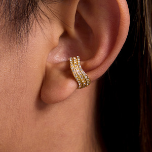 <b>Cuff</b> <b>Earrings</b> 18K Gold Stainless Steel Three Layer White Diamond Wave Design Everyday Wear - Product Image 2