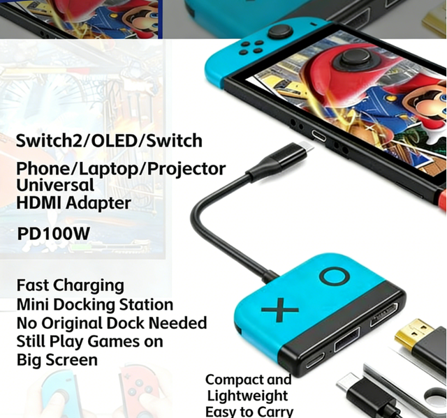 Switch Docking Station Video Transmitter, Type-C to HDMI 3-in-1 Hub Dock, 4K Video Converter for Nintendo