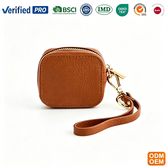 Custom Leather Earbud Storage Case Portable Zipper Airpods Pouch Mini Leather Earphone Holder With Keychain Wrist Strap
