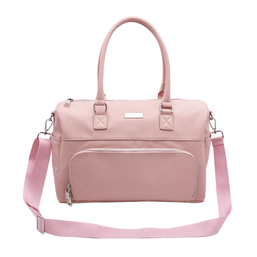 Fashion Custom Women Pink Mummy Bag Set Caddy Tote Genuine Leather Baby Diaper Bags With Changing Station
