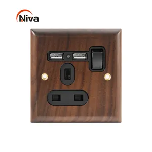 Retro Switch Black Walnut Panel Single 13A Switched Socket With 2USB Electrical Wall Light Switch