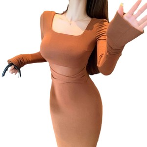 French Retro Square Neck Long Sleeve Mesh Patchwork Bodycon Fishtail Maxi Dress Women Autumn Winter Mature Sexy Solid Color - Product Image 3