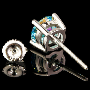 Pendientes Clásicos de Plata de Ley 925 de Alta Calidad, Chapados en Oro Blanco/Dorado, Corte Brillante, Color Azul Arcoíris, con Cierre de Rosca, Moissanita VVS - Product Image 3