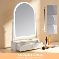 Miroir de Maquillage LED Incurvé avec Tiroir de Rangement, Simple Face, 3 Modes d'Éclairage, Rechargeable USB, Design Blanc pour Coiffeuse et Commode