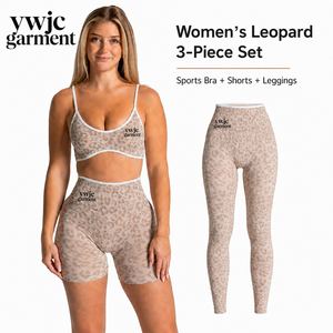YWJC GARMENT ชุดกีฬาผู้หญิงลายเสือดาว 3 ชิ้น ชุดโยคะไร้ตะเข็บ เสื้อชั้นใน กางเกงขาสั้น เลกกิ้ง แห้งเร็ว ชุดออกกำลังกาย - Product Image 1