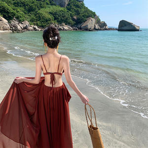 Robes longues sexy pour femmes, col halter, dos nu, froncées, taille haute, coupe trapèze, pour la plage et les vacances - Product Image 3