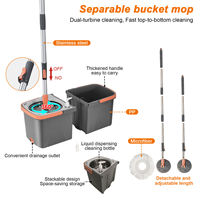 Ensemble seau et serpillière auto-essoreuse à double entraînement 360° avec panier d'essorage rotatif en acier inoxydable, 2 têtes de serpillière en microfibre et manche télescopique pour la maison