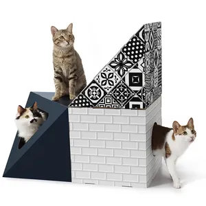 הדפסת לוגו מותאם אישית מגרד בית חתול בית מנהרת חתול בית כלוב נייר חתול בית עם חור קופסת קרטון