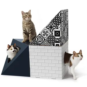 Logotipo personalizado impresión rascador gato casa gato túnel casa jaula papel gato casa con agujero caja de cartón