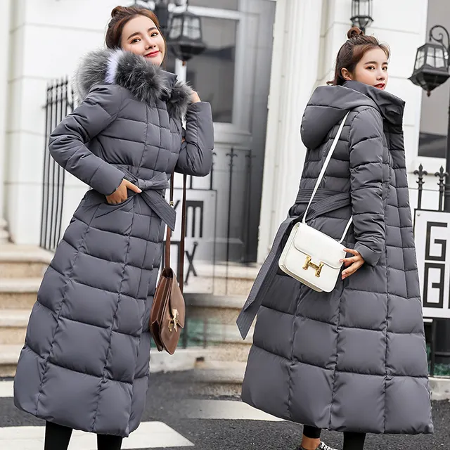 Jaqueta de inverno feminina, casaco longo grosso para mulheres com gola de pelo de raposa e laço, novo, 2021