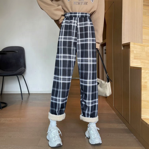 Nouveau <span class=keywords><strong>pantalon</strong></span> décontracté pour <span class=keywords><strong>femme</strong></span>, taille haute, style coréen, à carreaux, doublé polaire, épais et ample, coupe large, collection automne-hiver - Product Image 2