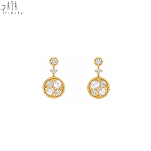 New Design Simple 18K Solid Gold Natural Rose Cut Diamond Round Drop Cluster Stud Earrings Milgrain Vintage For Everyday Wear - Product Image 1