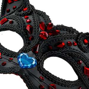 Máscara gótica de gato negro de plástico, media cara, con pedrería roja y nariz de corazón azul, para fiesta de disfraces de Halloween - Product Image 2