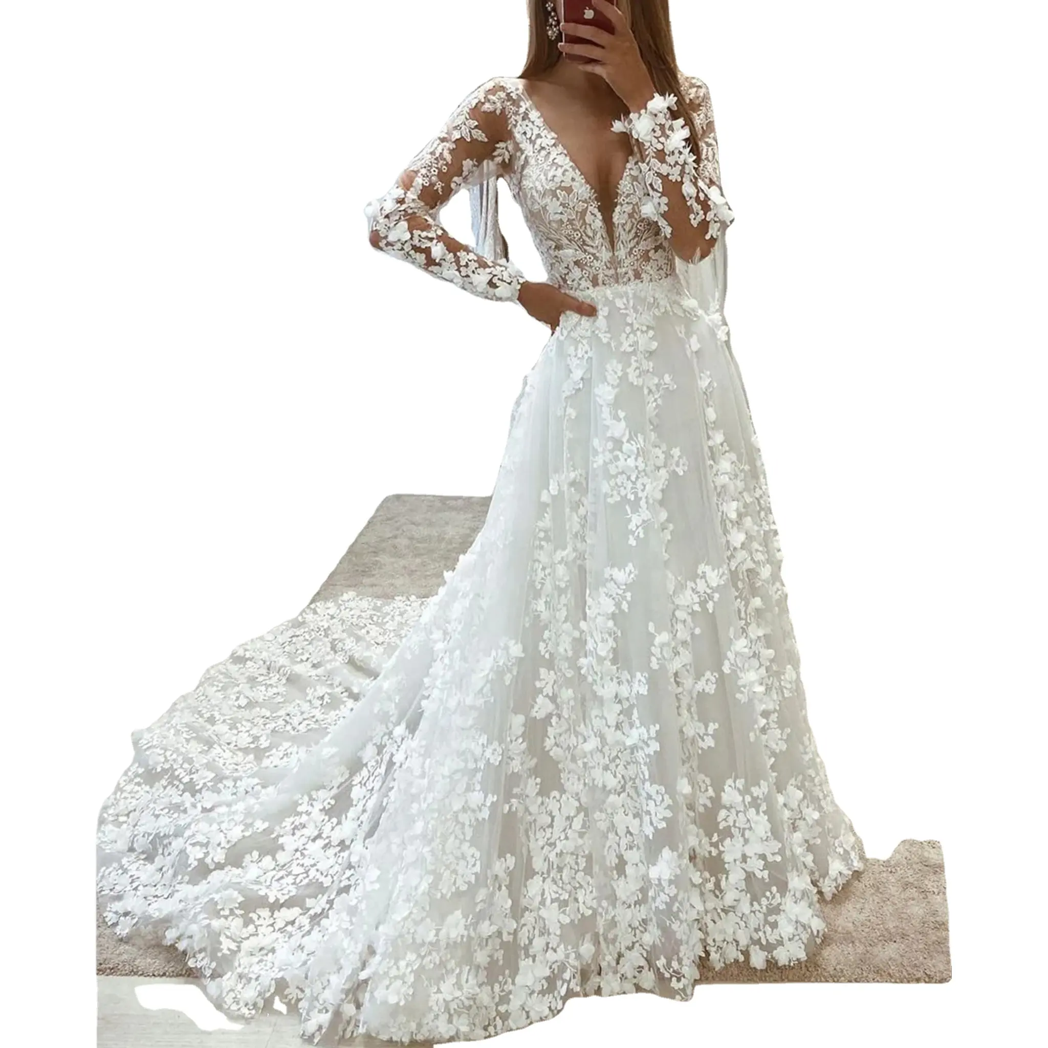 Low-Cut V-Neck Lace Wedding Dress | A-Line Boho Appliques Bridal Gown | Long Sleeves Vintage Flowers Bride Dress
