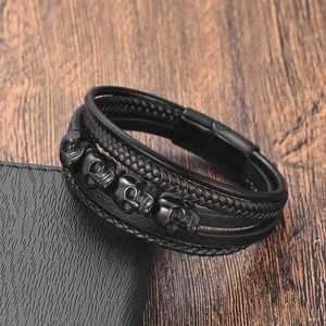 Bracelet multi-couches en acier inoxydable avec breloque magnétique, bracelets en cuir tressé pour hommes, bracelets punk à crâne, accessoires de bijoux - Product Image 2