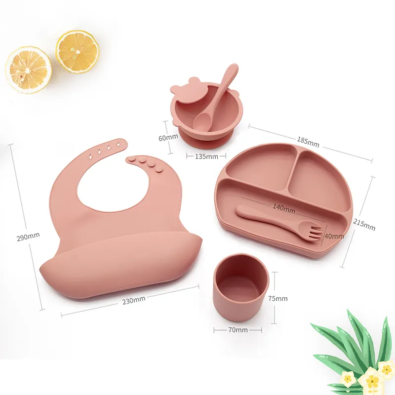 아기 제품 Bibs 그릇 숟가락 6 팩 세트 아기 먹이 제품 실리콘 아기 용품