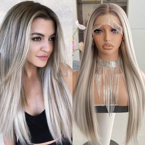 Nouvelles perruques en fibres synthétiques pré-épilées 22 pouces 13X4 Perruque à dentelle transparente longue blonde cendrée résistante à la chaleur - Product Image 2