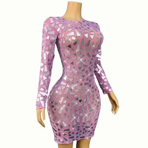 Lujoso vestido de noche rosa para mujer Falda corta de manga larga de cintura alta <span class=keywords><strong>con</strong></span> <span class=keywords><strong>lentes</strong></span> brillantes irregulares para fiestas - Product Image 2