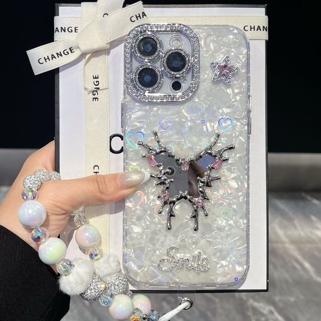 Laser-engraved Seven-color Heart-shaped Shell Patterns Phone case for iPhone 16 15 14 13 12 Pro Max with Diamond Bracelet Cover