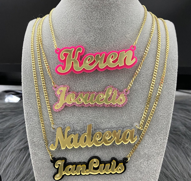 Personalization Double Background Acrylic Gold Letter Name 3D Custom Name Plate Necklace Double Color Plating Name Necklace