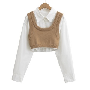 时尚女士休闲上衣翻下领长袖衬衫配针织裁剪上衣女士两件套 - Product Image 2