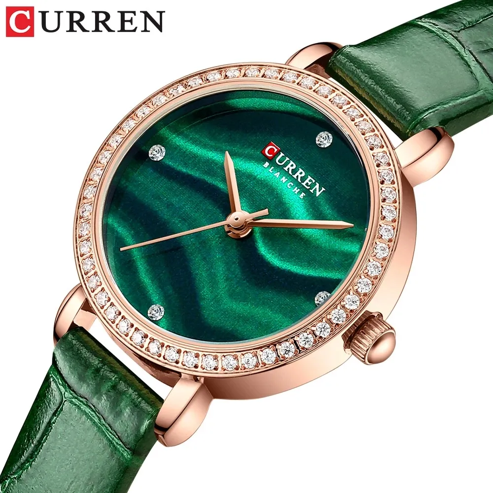 CURREN 9083 Fashion Green Ladies Watches 2021 Simple Thin Wristwatches for Women Quartz Leather Clock with Rhinestone