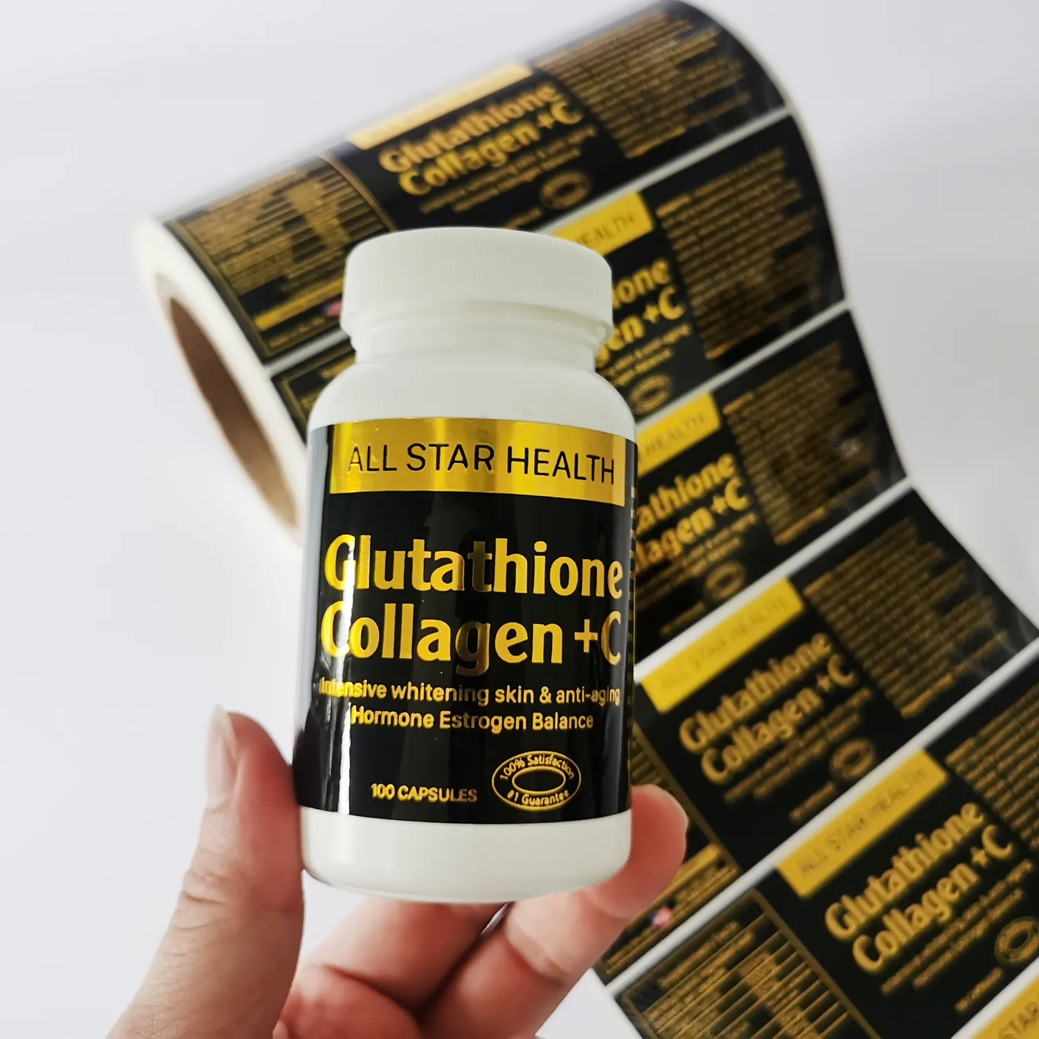 Etiqueta de embalaje de botella de vitamina personalizada, diseño Solgar, etiqueta de papel de aluminio dorado, etiquetas personalizadas para botellas de suplemento