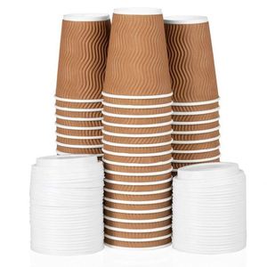 แก้วกาแฟกระดาษสีน้ำตาลแบบลูกฟูกขนาด 12 ออนซ์ 50 ใบ พร้อมฝาปิด เป็นมิตรกับสิ่งแวดล้อม รีไซเคิลได้ - Product Image 1