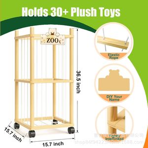Wooden Elastic Storage Rack For Plush Toys <b>With</b> <b>Wheels</b> And <b>Locks</b> Kids Toy Organizer Rectangle Standing Type - Product Image 5