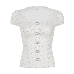 Chemisier à pois à manches bouffantes pour femme, col en U, boutonné sur le devant, manches courtes, coupe ajustée, haut décontracté, élégant et polyvalent pour l'été - Product Image 6
