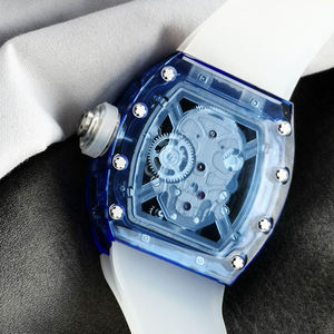 Reloj Mecánico de Esqueleto para Hombre - Caja Transparente Azul, Correa Blanca, Diseño de Tourbillon de Lujo, Reloj Deportivo - RM052 - Product Image 5