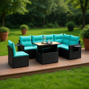 Set di divani da giardino in polyrattan nero da 7 pezzi con cuscini, mobili da giardino per esterni, stile contemporaneo - Product Image 2