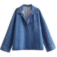 ZZB Set Kemeja dan Celana Jeans Wanita Lengan Panjang V-Neck Denim Warna Solid 3D Bernapas Dapat Dicuci Model Kasual Modis Terlaris Musim Semi
