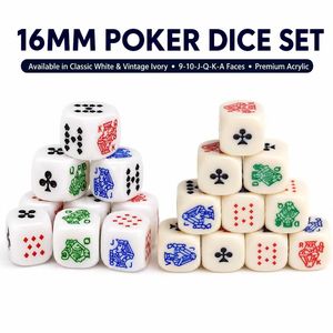 Jeu de dés de poker personnalisés de 16 mm en acrylique blanc et os d'ivoire gravé, avec motifs de cartes à jouer, vente en gros pour jeux de fête et de bar - Product Image 1