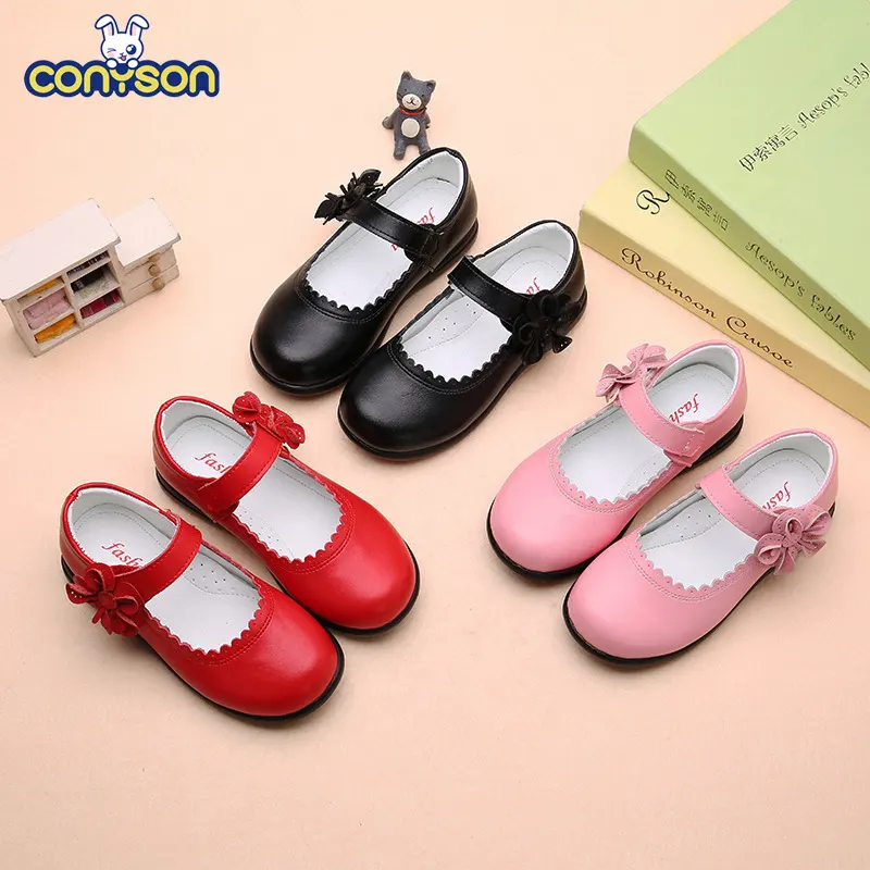 Conyson Wholesale Baby Girl Dress Shoes School Kids Soft Soled Princess Shoes Mary Jane Shoes With Flower Buckle Strap