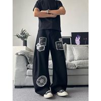 Jean droit noir pour homme, style streetwear gothique, délavé, patchwork, bords bruts, hip-hop, été-automne