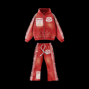 Más tamaño Baggy Rhinestone personalizado lavado ácido sublimación deportes recortada Sudadera con capucha conjunto de dos piezas conjunto Jogging chándal para hombres - Product Image 2