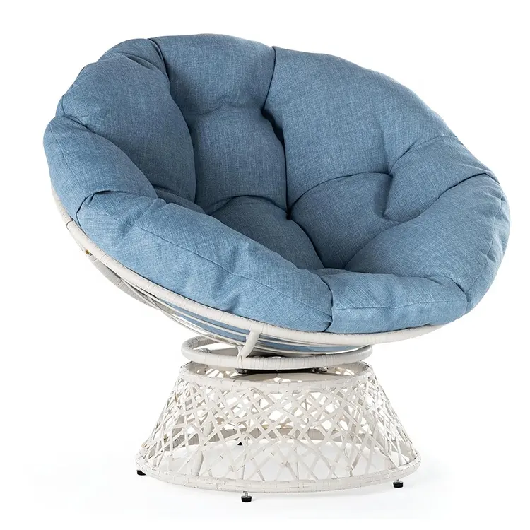 Best Selling Garden Furniture Round Rattan White Base Ergonomic Wicker Papasan Chair with Blue Soft Thick Density Fabric Cushion