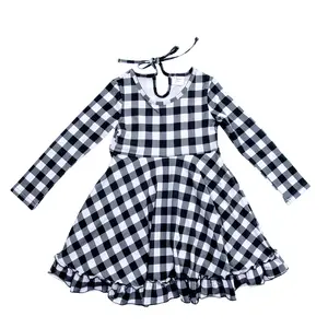 Autunno maglia di cotone Plaid abito Midi girocollo cravatta foro di fiocco dietro volant bambine abiti a maniche lunghe