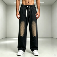 Pantalon Noir Délavé Style Urbain avec Taille Élastique, Bordures Brutes, Cordon de Serrage et Broderie Simple, Coupe Ample
