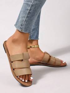 Sandalias Planas Glamour Color Albaricoque con Tira Ancha y Adornos de Pedrería, Parte Superior de Tela, Modernas, Cómodas y Transpirables para Primavera/Verano - Product Image 4