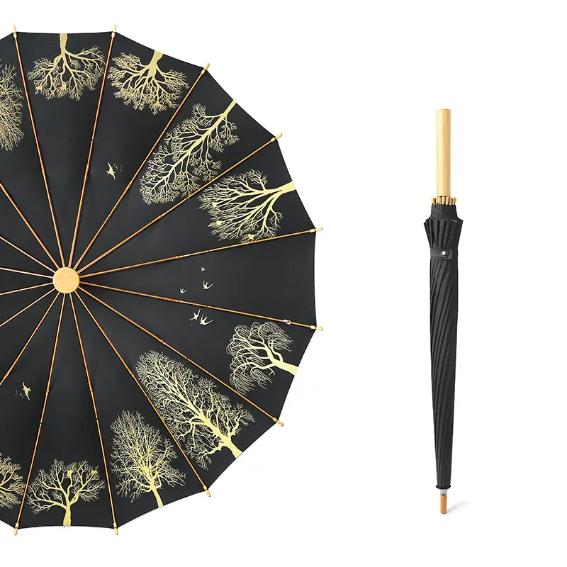 Antik benzersiz şemsiye desen ahşap saplı düz şemsiye fotoğraf çekmek için dışarı çıkmak için uygun