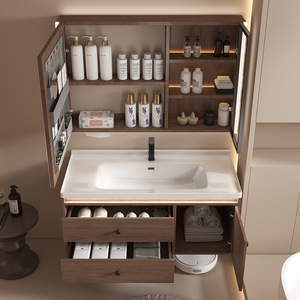 Nouvelle armoire de salle de bain en bois naturel, armoire à miroir intelligente, lavabo sur comptoir blanc, armoire murale - Product Image 6