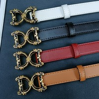 New 2.3cm Cowhide Leather Belt for Women Hollow Out Gold <strong>Buckle</strong> Fashion Ladies Waist Belt Slim Decorative Strap for Dress Jeans