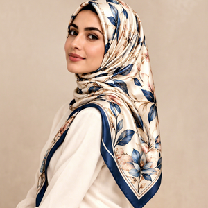 Floral Digital Print Long Muslim Silk Satin Hijab <b>Shawl</b> Headscarf <b>Wrap</b> Beige Blue for Daily Wear Gift - Product Image 1