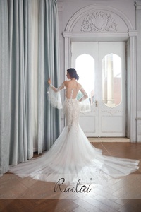 Abiti <span class=keywords><strong>da</strong></span> <span class=keywords><strong>sposa</strong></span> a sirena in pizzo con perline sul retro e maniche lunghe a campana Sexy PWD-H1148 - Product Image 6