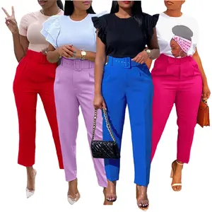 D437 Latest Design Women's Pants Trousers Elegant Career Suits Office Pants For Ladies High Waist Casual Pants With Belt