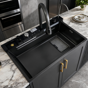 Évier de cuisine en acier inoxydable fait main, design en relief de baleine et de <span class=keywords><strong>volcan</strong></span>, grand bac de récupération des résidus, robinet, évier simple à quatre trous - Product Image 2